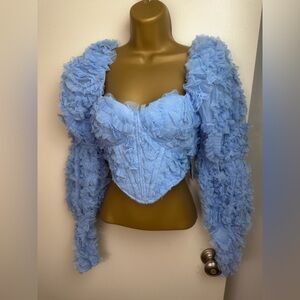 ASOS‎ LUXE Blue Co-ord 3D Lace Corset Statement Puff Sleeves Lace Up Top NWT 4